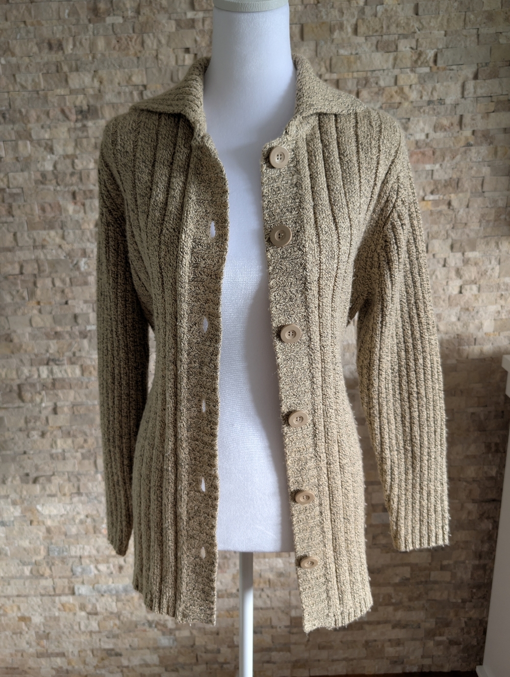 Belted Knit Cardigan Sz S Ribbed Neutral Beige Taupe Coastal Grandma Quiet Cozy image 4